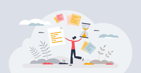 Time management and effective activity organization tiny person concept. Project deadline control and clock schedule for business tasks vector illustration. Productive performance with checklists.