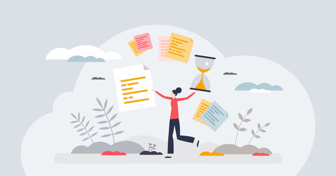 Time management and effective activity organization tiny person concept. Project deadline control and clock schedule for business tasks vector illustration. Productive performance with checklists.