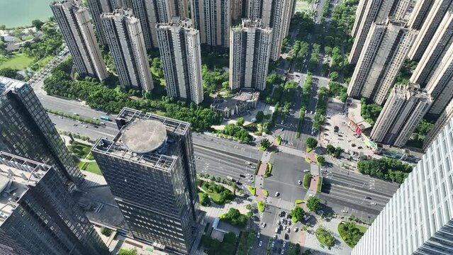 Aerial view modern city street and buildings in Fuzhou, China
