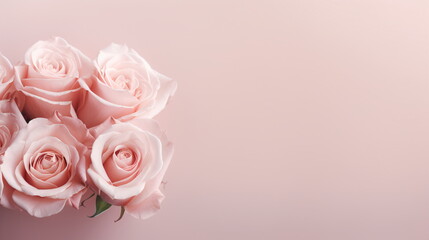 Obraz na płótnie Canvas Decorative web banner. Close up of blooming pink roses flowers and petals isolated on white table background. Floral frame composition. Empty space, flat lay, top view. Generative ai