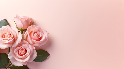 Decorative web banner. Close up of blooming pink roses flowers and petals isolated on white table background. Floral frame composition. Empty space, flat lay, top view. Generative ai - obrazy, fototapety, plakaty