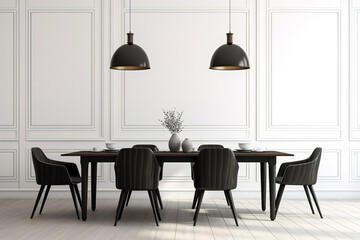 Black wood dining chairs and table with white paneled walls. Modern dining room interior design