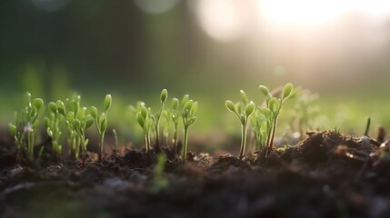 In the morning sunlight, a close-up view reveals green sprouts emerging from the soil.