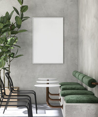 Blank large white photo poster frame, wood edge on stylish grunge cement wall in modern cafe with hunter green cushion seats, black chairs, morning sunlight, decor leaves plant, background template 3D