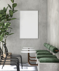 Blank large white photo poster frame, wood edge on stylish grunge cement wall in modern cafe with...