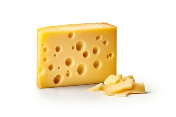 Close up of delicious fresh cut cheese product on white background