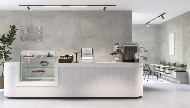 Modern luxury design cafe, mosaic tile white round corner counter, cake display, espresso machine, cash register, table, chair by window to tropical garden for interior design decoration background 3D