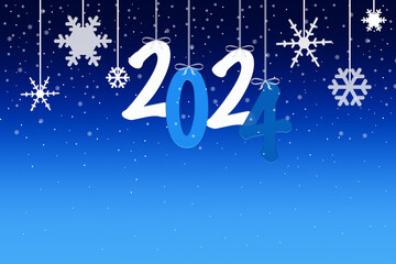 Illustration of numbers 2024 and snowflakes on dark blue background with copy space. Christmas abstract background