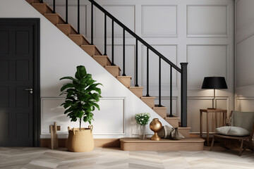 Scandinavian interior design of modern entrance hall with stairs and wood accents