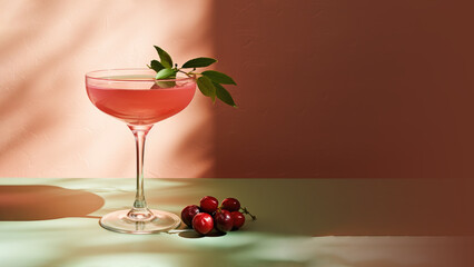 Cranberry Cocktail with fresh organic fruits and herbs, classic drink menu concept with Copy space