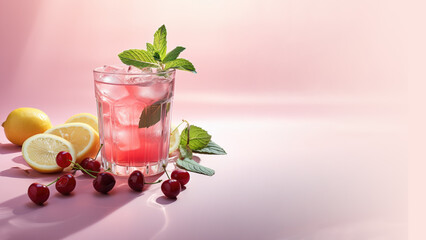 Cranberry Cocktail with fresh organic fruits and herbs, classic drink menu concept with Copy space