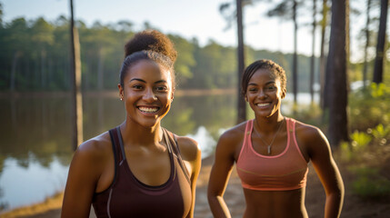 Fototapeta premium young woman and friend at national park, trekking traverlling moment, two girl enjoy the view. 
