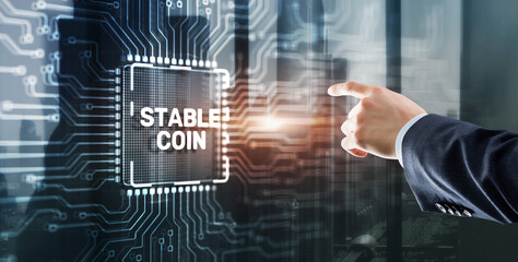 Man clicks on the inscription: Stable Coin. Stablecoins Cryptocurrencies Stable Market Price Value Coin Currency