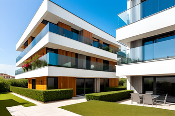 Europe modern complex of residential buildings with balcony. Low view