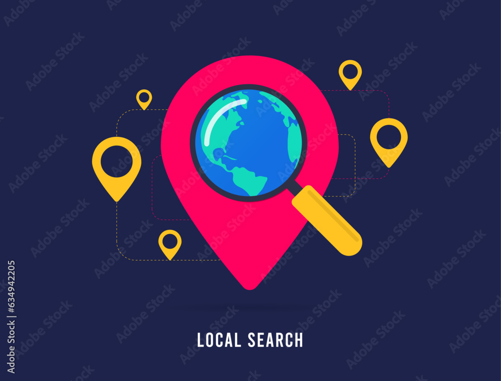 Poster local search optimization concept. map with red pins and magnifier searching nearby small businesses