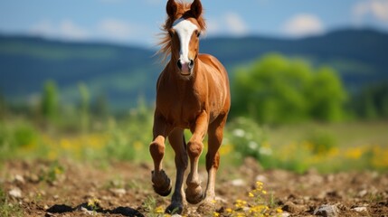 Arabian horse foal running portrait, field with copy space, stockphoto 50799762, green field background,