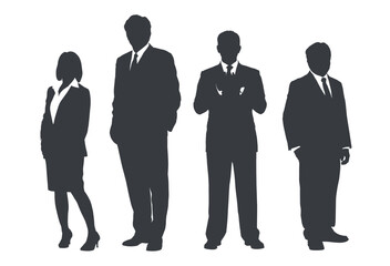 Business people group gray silhouettes pose on white background, flat line vector and illustration.