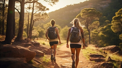 woman and friend hiking in the forest