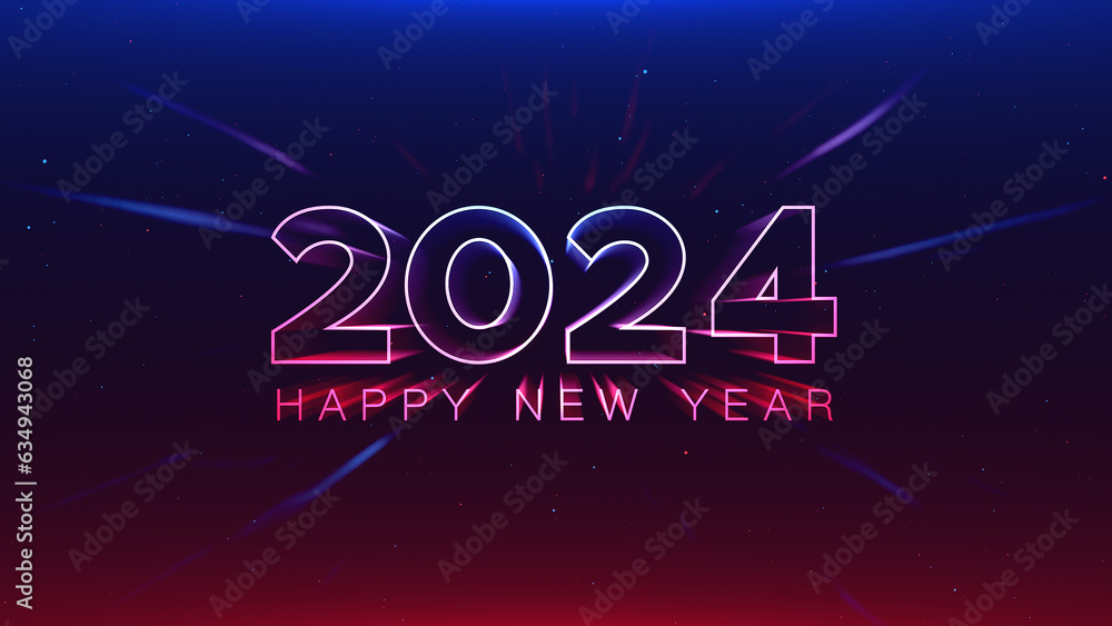 Sticker 2024 happy new year red blue streak neon particles bokeh background new year resolution concept.