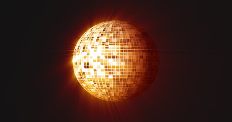 Abstract orange yellow mirrored spinning round disco ball for discos and dances in nightclubs 80s, 90s luminous background