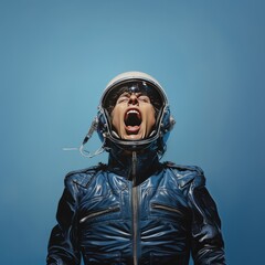a person wearing a helmet screaming on a blue background