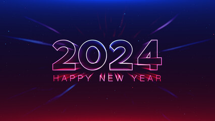 2024 Happy New Year red blue streak neon particles bokeh background new year resolution concept.