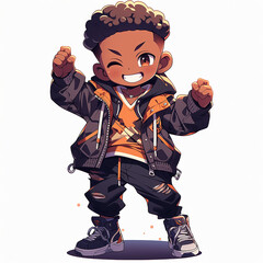 Cute black fashion boy  in chibi style hip hop 