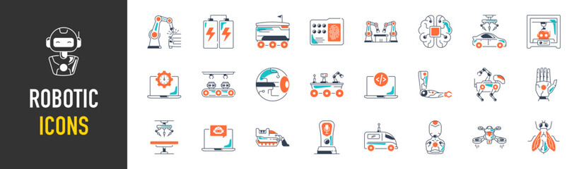 Robotic icon set. Machine learning icons. Robotics, iot, biometric, device, chip, robot, cloud computing and automation icon. Vector illustration.
