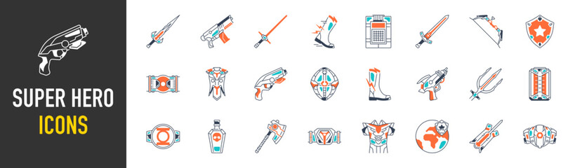 Super hero icon set in thin style. Contains such icons as Gun, Weapon, Sword, Radioactive, Medieval, Mace, Bow, Shield, Ring, Blaster, Boots, Armor and more. Vector illustration.