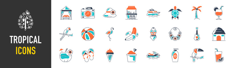 Set of tropical vacation Icons. Seasonal elements collection. Flamingos, ice cream, pineapple, tropic leaves, cocktails, plumeria, watermelon, beach.