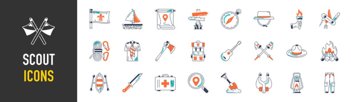 set of scout icons. Solid icons such as tent, shore, beanie, life vest, map, camping and more
