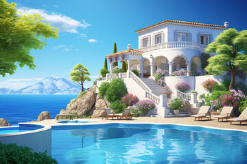 Traditional Mediterranean white house with a pond on a hill with a view of the sea and blue sky