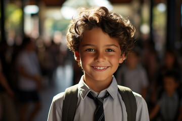 Fototapeta premium Portrait of happy schoolboy smiling handsome curly boy with backpack at school. Children and education