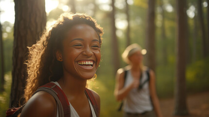 smilling of  healthy woman and friend, they are travelling and trekking, forest trail soft and blurred light background in the morning