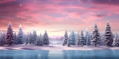 Gordijnen Christmas background with winter forest landscape with snow, Empty space, AI generate © Black Pig