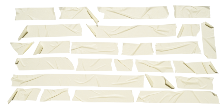 set of various pieces of masking tape isolated with clipping path on a white background.