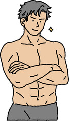 シンプルなタッチ　笑顔のマッチョで筋肉質な男性トレーナーのイラストレーション
