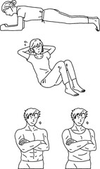 シンプルなタッチ　腹筋をする女性とマッチョなトレーナーの男性イラストレーションセット