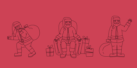 Santa Claus in different poses. Christmas character in outline style.