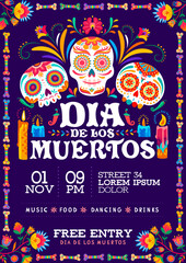 Dia de los muertos party flyer. Day of the dead mexican holiday. Vector invitation card with calavera sugar skulls, alebrije tropical flowers, bones, burning candles. Event celebration invite poster