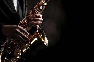Saxophonist playing saxophone with dark background