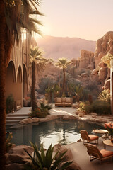 Oasis desert resort style. Beautiful landscape background in summer.