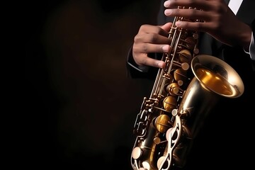 Saxophonist playing saxophone with dark background