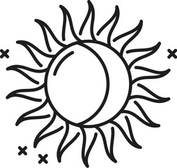 Moon eclipse icon, witchcraft or esoteric astrology and mystery vector symbol. Sun and moon line icon of witchcraft occultism, spiritual spell and esoteric astrology amulet of witch and sorcerer