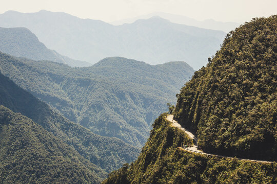 The famous Yungas Road as know as Death road in the mountains of La Paz, Bolivia