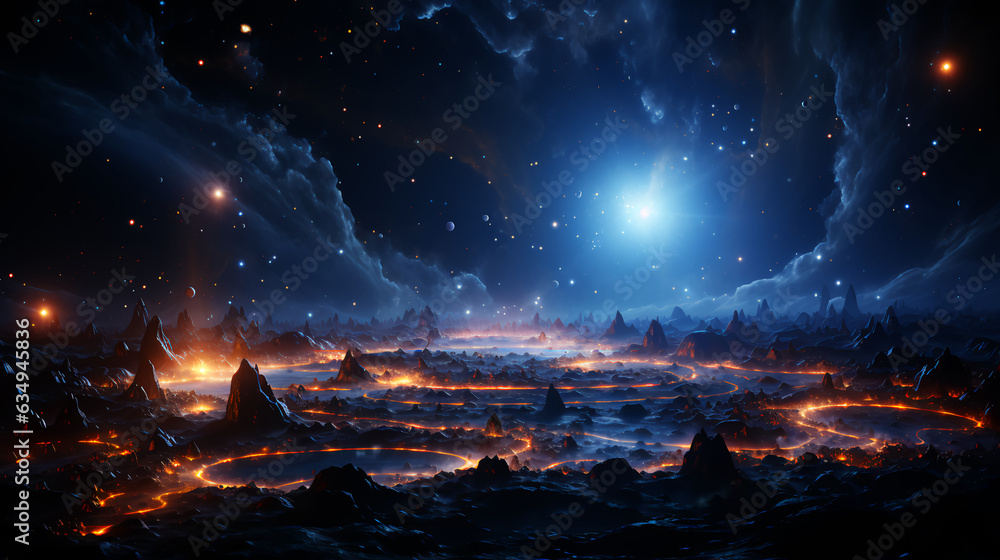 Poster space scene with futuristic planet surface and stars in open space with planets and galaxies. ai gen