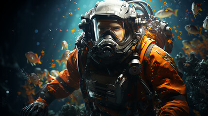 The face of a male scuba diver in a mask and diving suit scuba diving underwater. Close view. non-existent person. AI generated