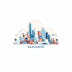 Spain Alicante cityscape skyline city panorama vector flat modern logo icon. Valencian Community emblem idea with landmarks and building silhouettes, isolated hand drawn style 