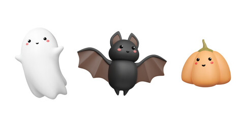 3d halloween icon. Cute ghost, bat with kawaii face, funny pumpkin. Characters set in plastic style. Vector illustration. Monster render.