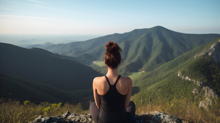 Naklejka na ściany i meble Back view. A young woman is practicing yoga and meditation on top of a massive rock at the summit of a mountain to attain physical and mental healing.